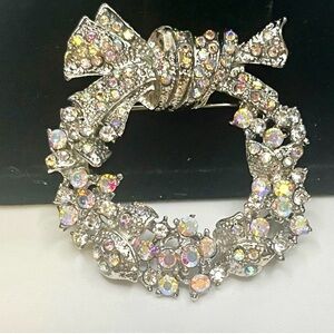 Vintage Aurora Borealis Rhinestone Wreath Brooch with Silver Tone Bow
